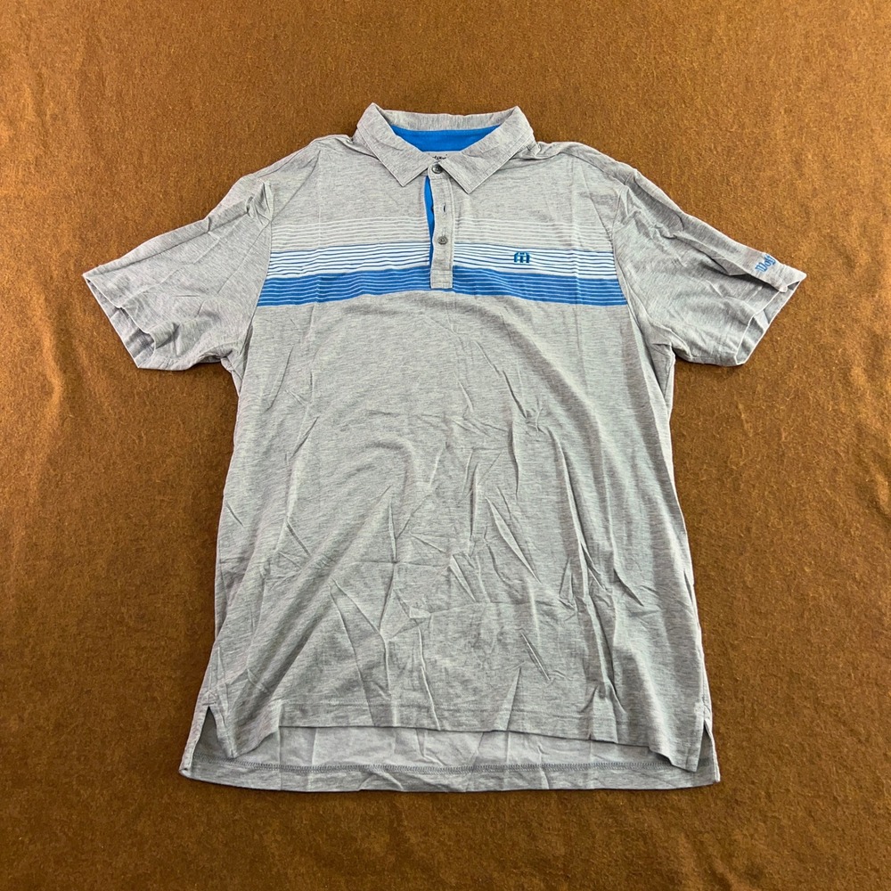 Travis Mathew Mens Large Gray Blue Striped Short Sleeve Golf Polo Shirt